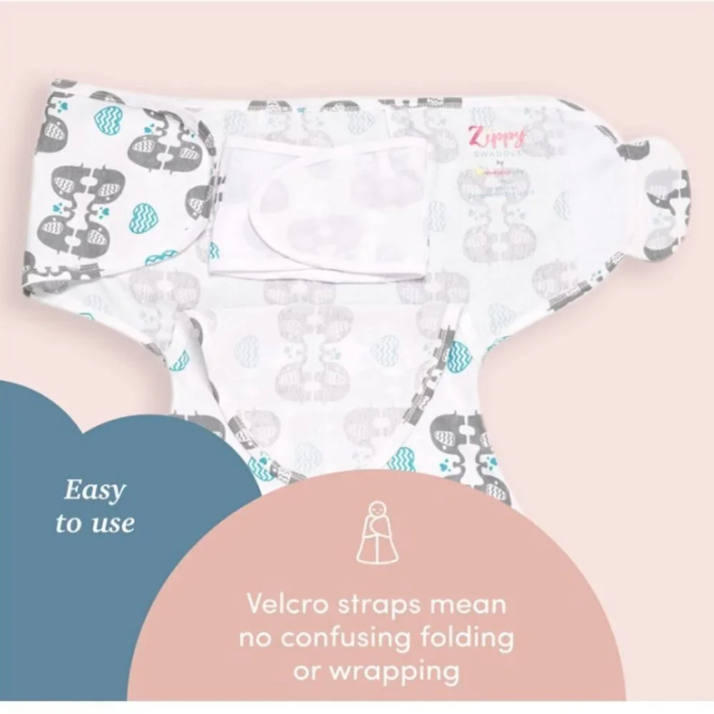 SleepingBaby Zippy Swaddle - 100% Cotton Baby Swaddle Blanket, eLOVEphant - M/L